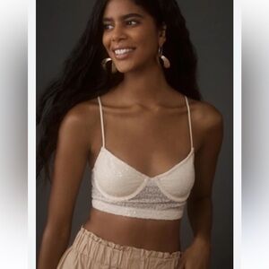Anthropologie cream flirty sequined mesh crop top XL